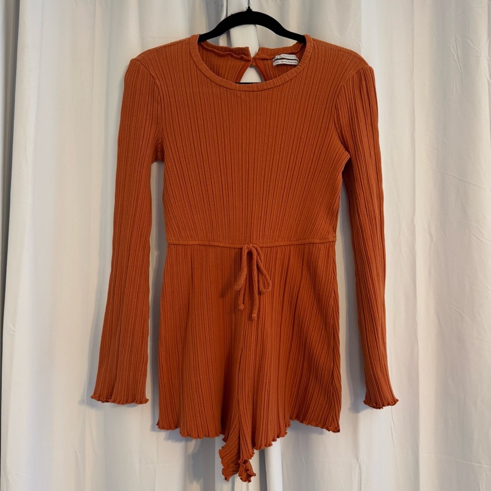 Urban Outfitters Bella Romper Burnt Orange Ribbed Cotton Long Sleeve Medium